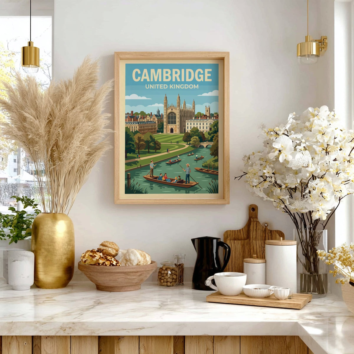 Poster of Cambridge United Kingdom featuring historic stone architecture and punts on the river.