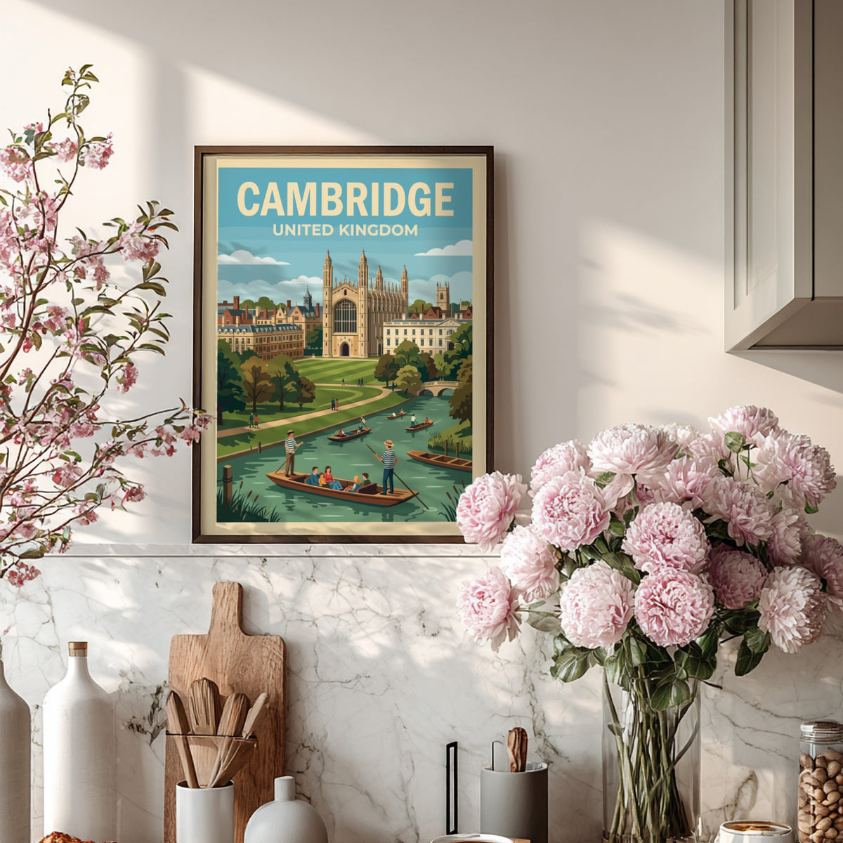 Poster of Cambridge United Kingdom featuring historic stone architecture and punts on the river.