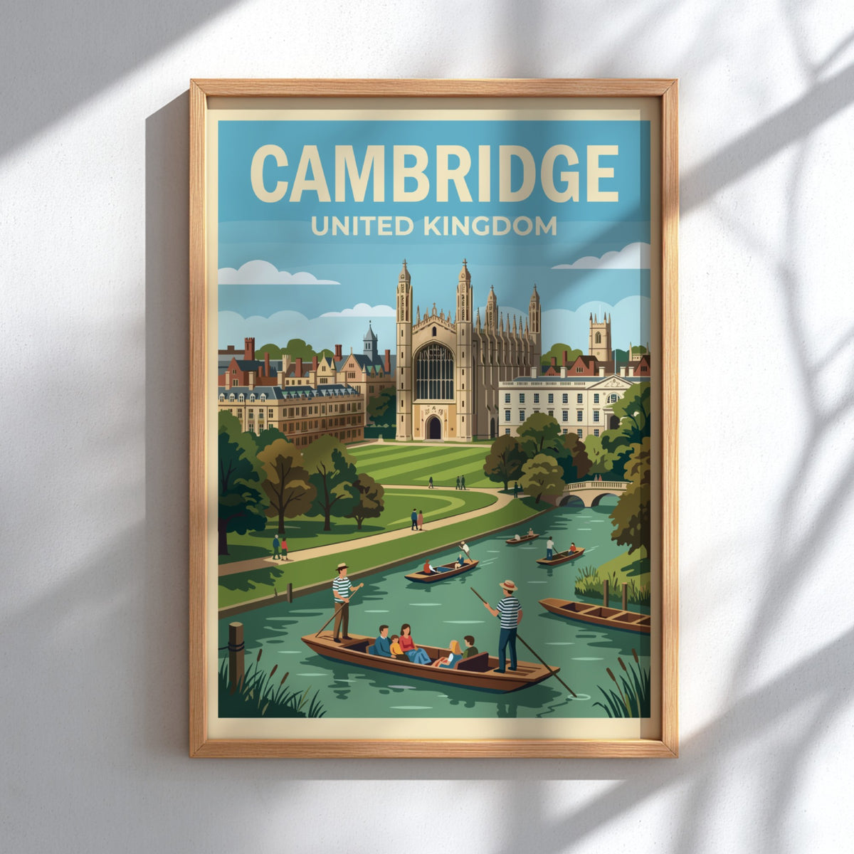 Poster of Cambridge United Kingdom featuring historic stone architecture and punts on the river.