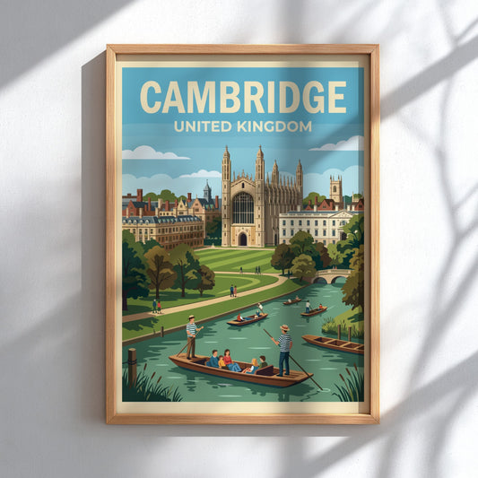 Poster of Cambridge United Kingdom featuring historic stone architecture and punts on the river.
