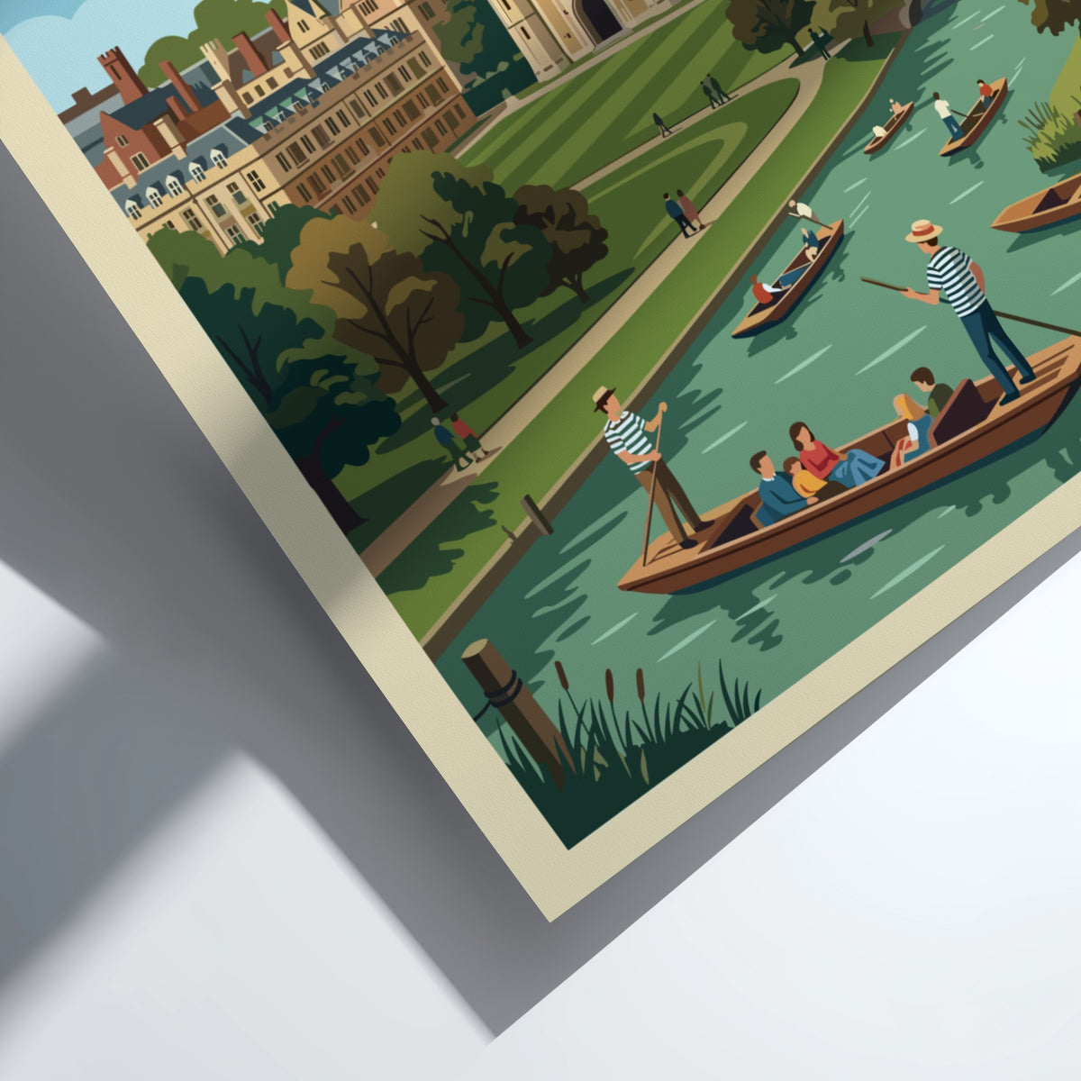 Poster of Cambridge United Kingdom featuring historic stone architecture and punts on the river.
