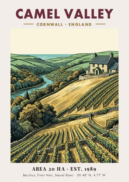 Camel Valley vineyard poster featuring rolling hills, grapevines, and a stone house in Cornwall.