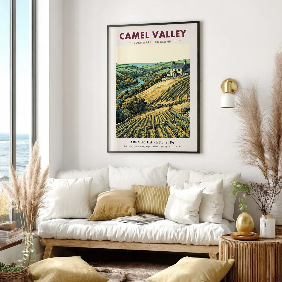 Camel Valley vineyard poster featuring rolling hills, grapevines, and a stone house in Cornwall.