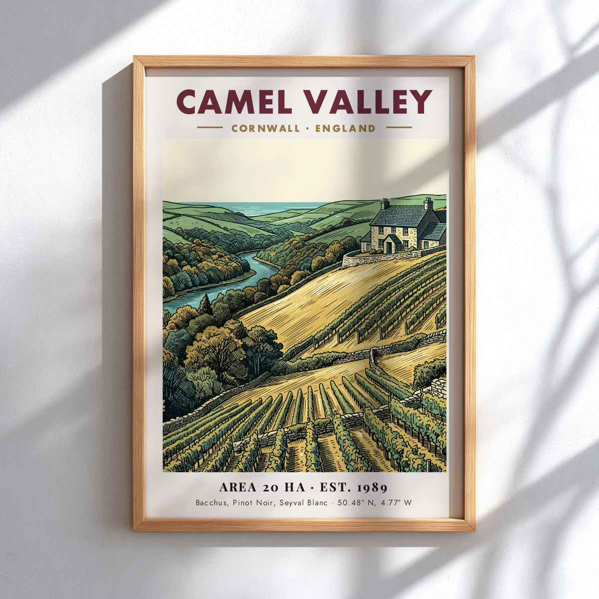 Camel Valley vineyard poster featuring rolling hills, grapevines, and a stone house in Cornwall.