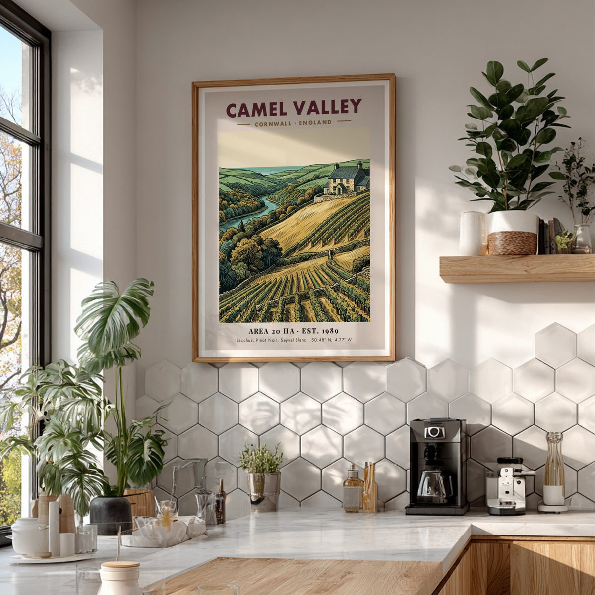 Camel Valley vineyard poster featuring rolling hills, grapevines, and a stone house in Cornwall.