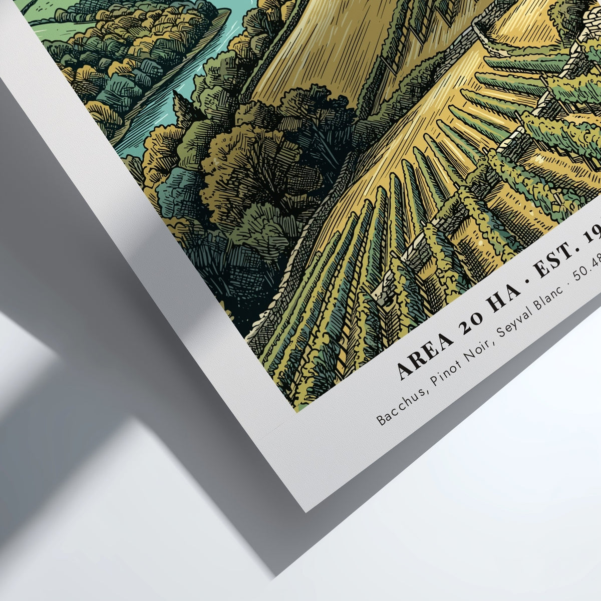 Camel Valley vineyard poster featuring rolling hills, grapevines, and a stone house in Cornwall.