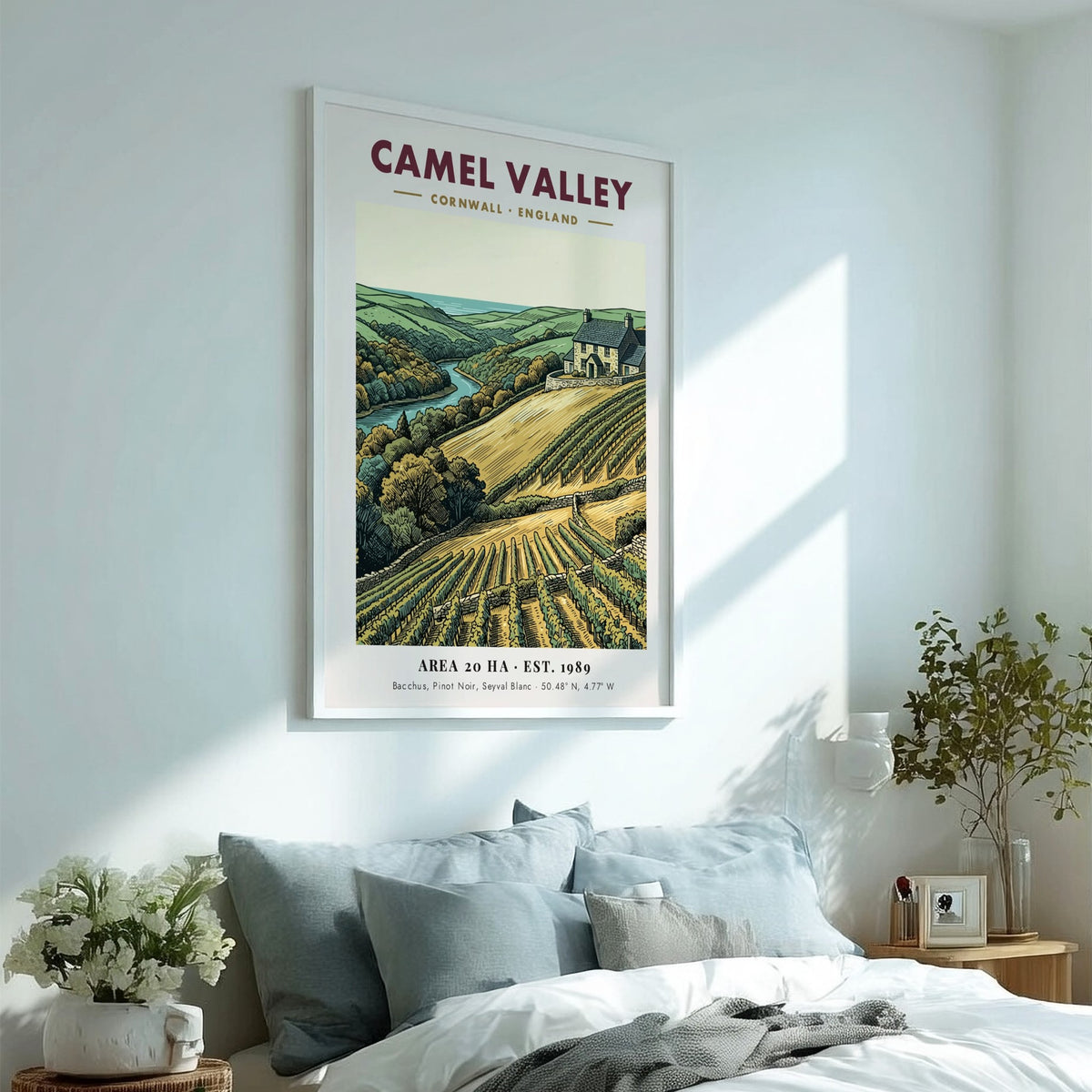 Camel Valley vineyard poster featuring rolling hills, grapevines, and a stone house in Cornwall.