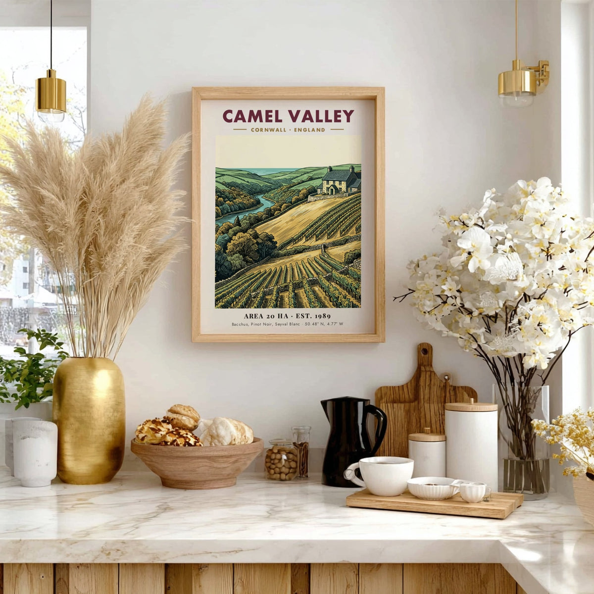 Camel Valley vineyard poster featuring rolling hills, grapevines, and a stone house in Cornwall.