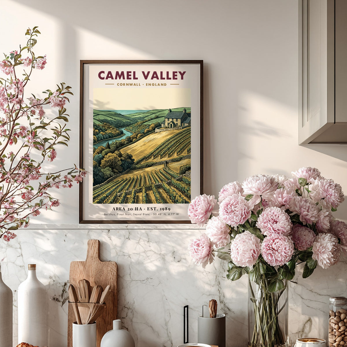 Camel Valley vineyard poster featuring rolling hills, grapevines, and a stone house in Cornwall.