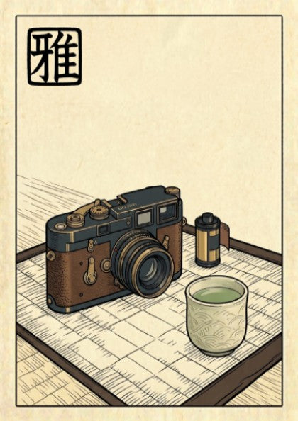 Japanese art style poster featuring a vintage camera and tea cup in soft earth tones