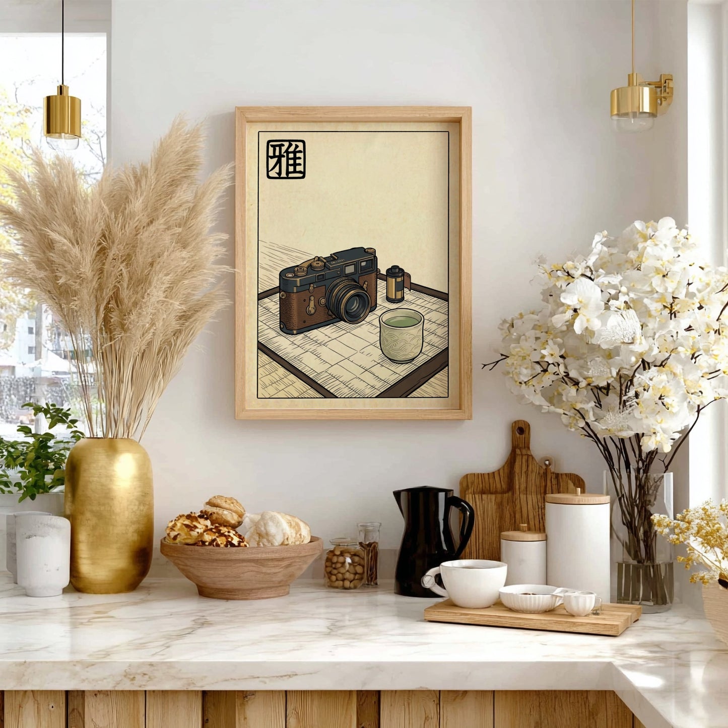 Japanese art style poster featuring a vintage camera and tea cup in soft earth tones
