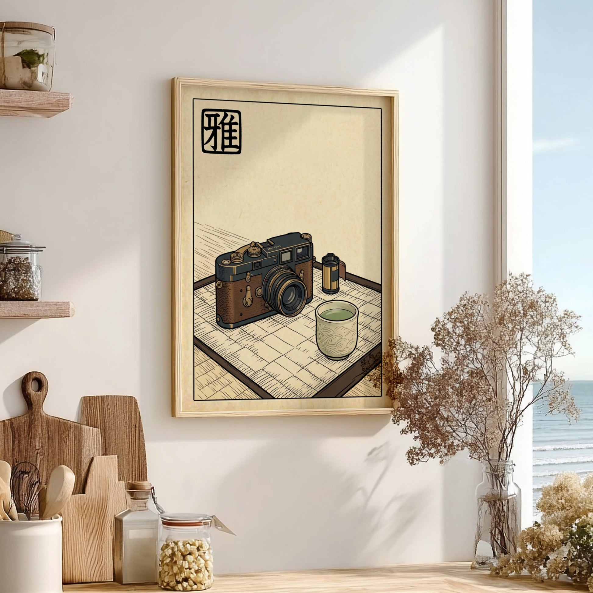 Japanese art style poster featuring a vintage camera and tea cup in soft earth tones