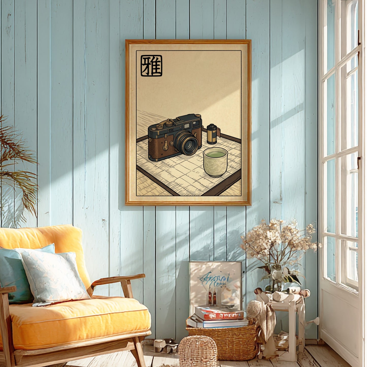 Japanese art style poster featuring a vintage camera and tea cup in soft earth tones