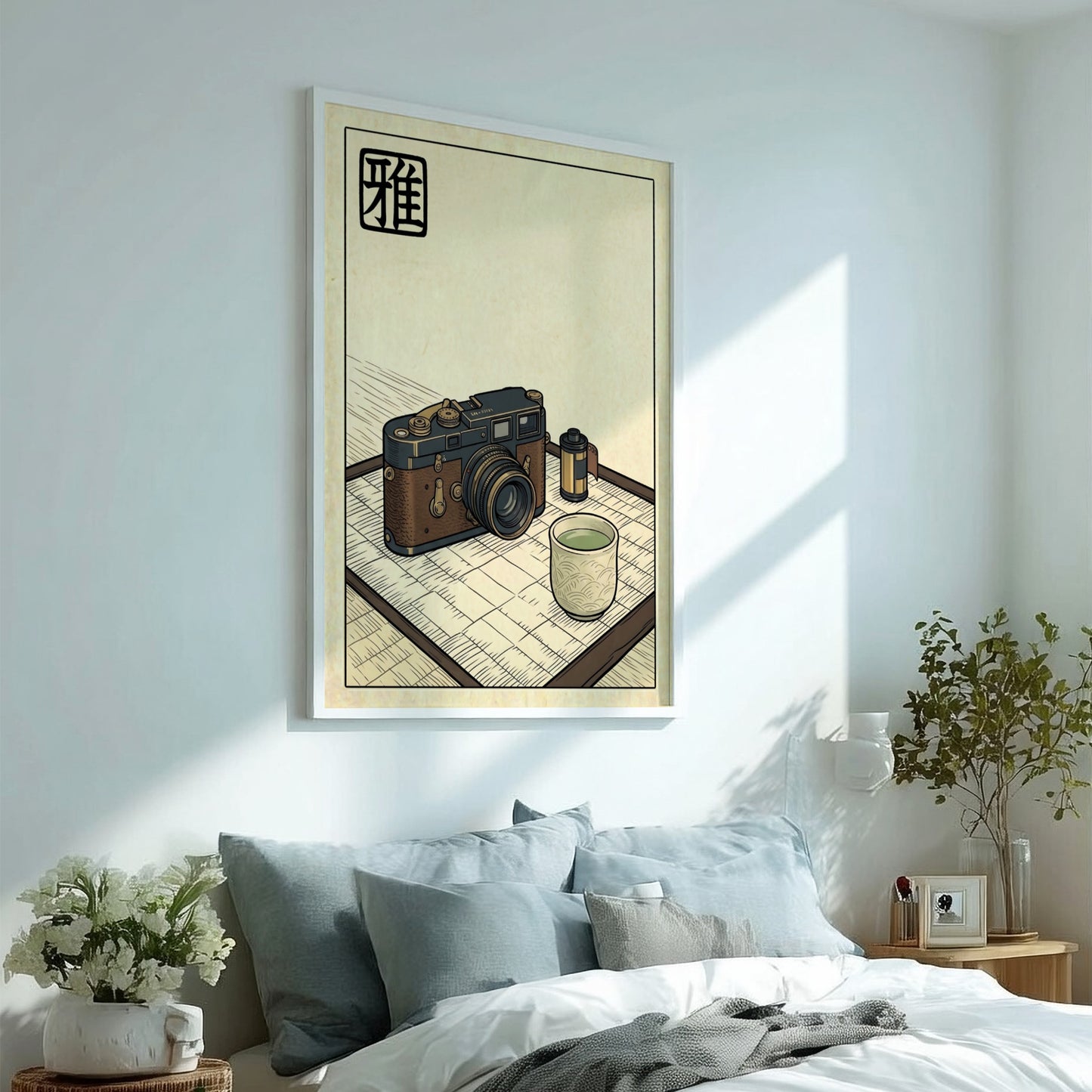 Japanese art style poster featuring a vintage camera and tea cup in soft earth tones