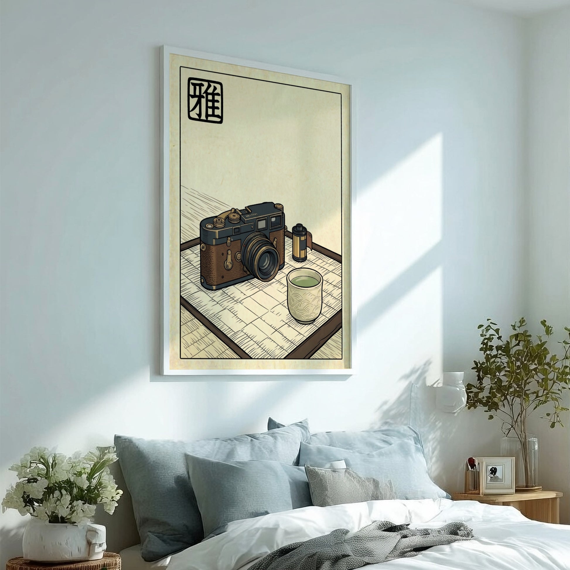Japanese art style poster featuring a vintage camera and tea cup in soft earth tones