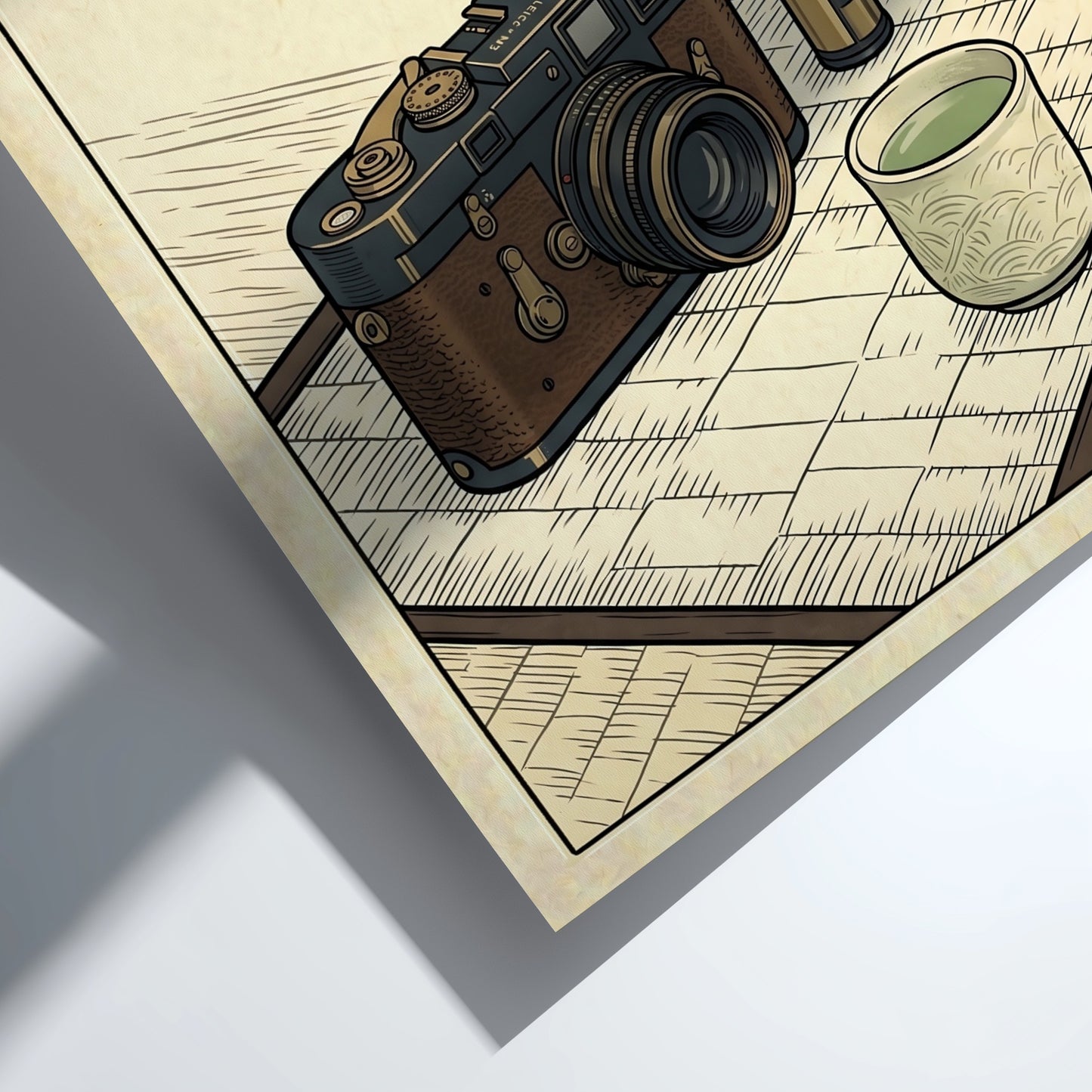 Japanese art style poster featuring a vintage camera and tea cup in soft earth tones