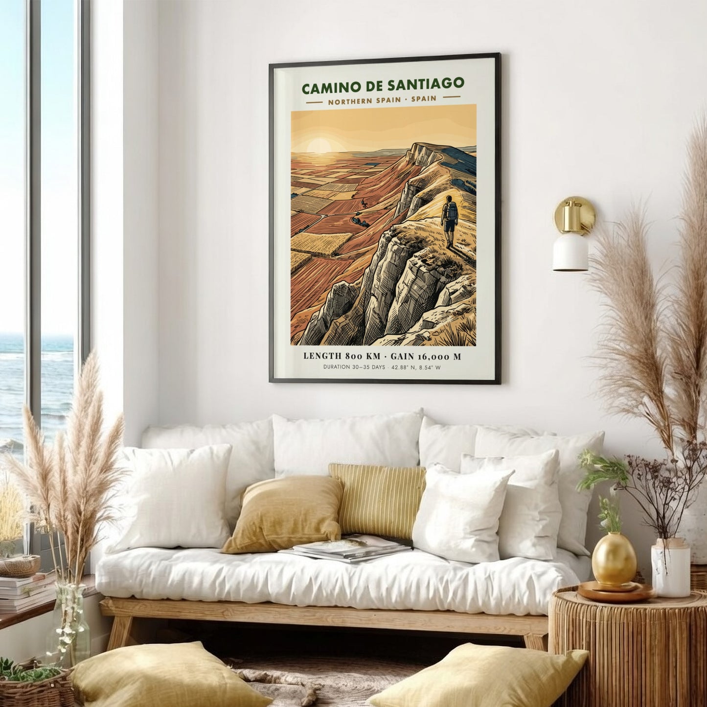 Poster of a hiker on a cliff overlooking the Camino de Santiago route
