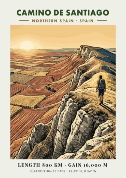 Poster of a hiker on a cliff overlooking the Camino de Santiago route