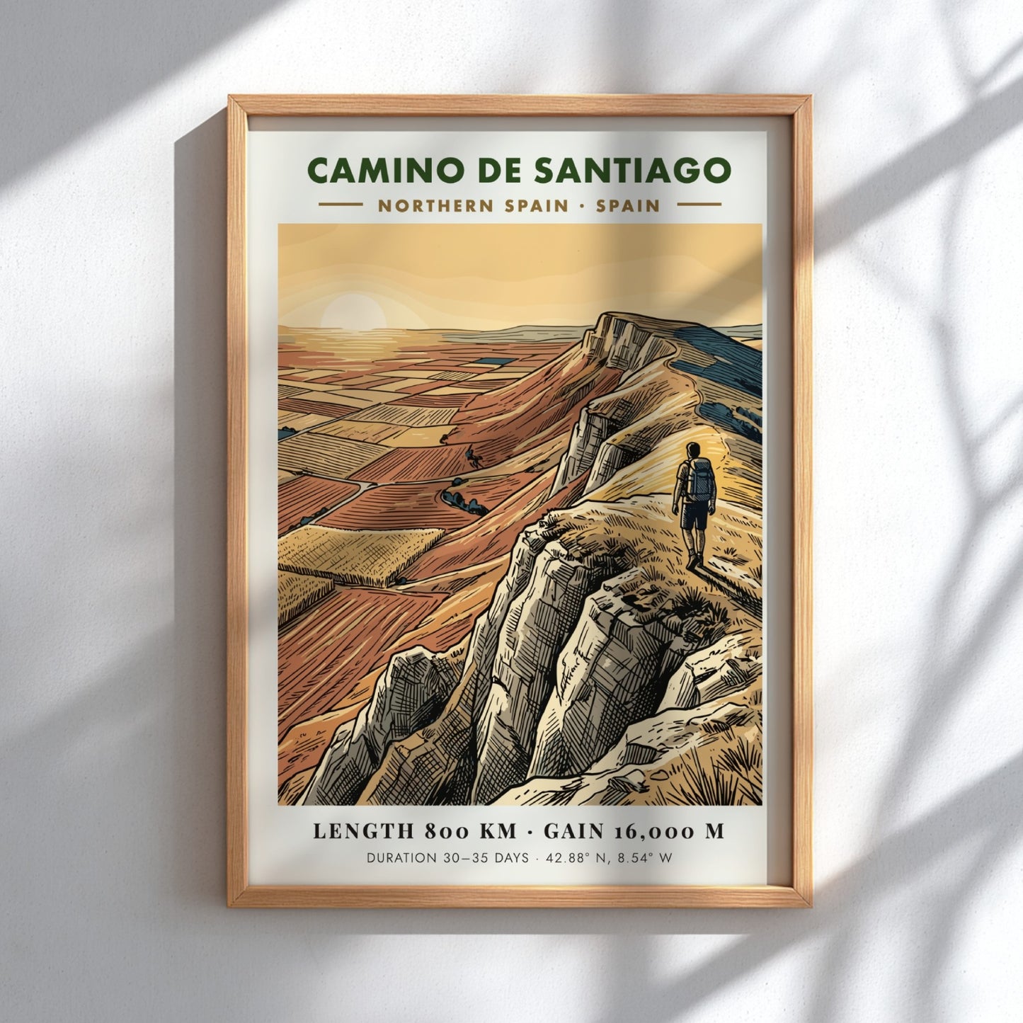 Poster of a hiker on a cliff overlooking the Camino de Santiago route