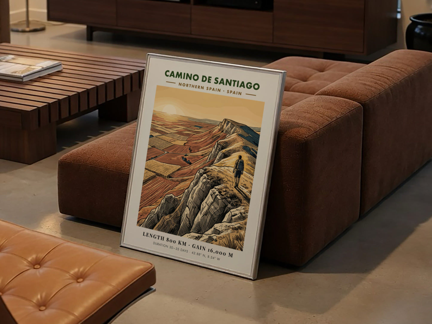 Poster of a hiker on a cliff overlooking the Camino de Santiago route