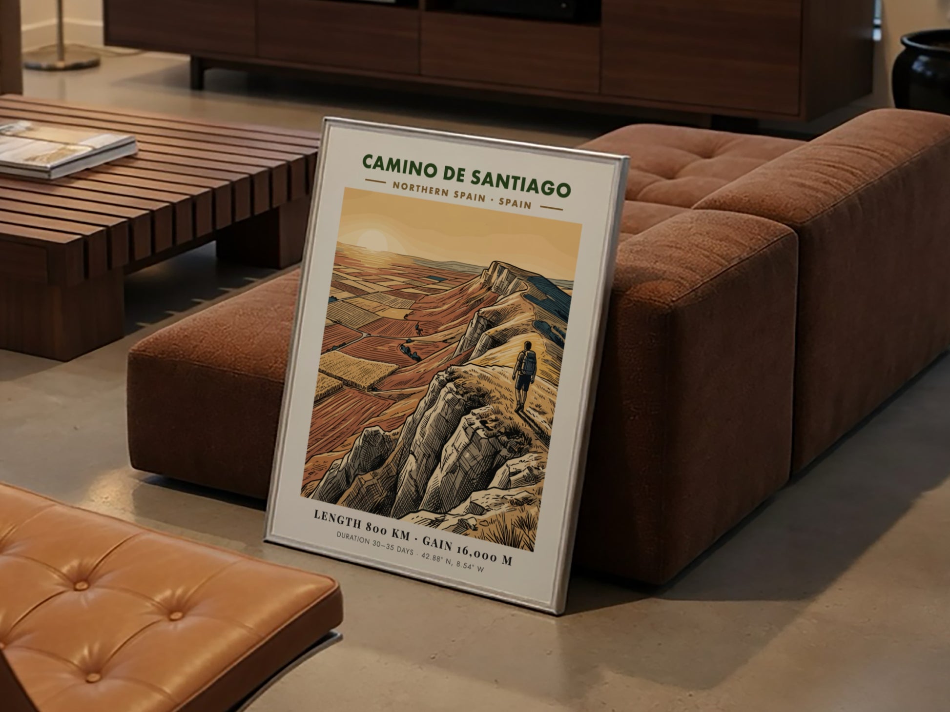 Poster of a hiker on a cliff overlooking the Camino de Santiago route