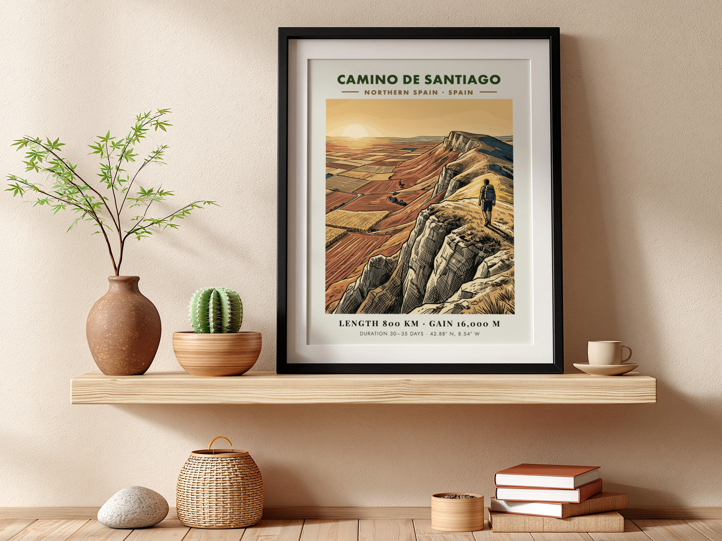 Poster of a hiker on a cliff overlooking the Camino de Santiago route