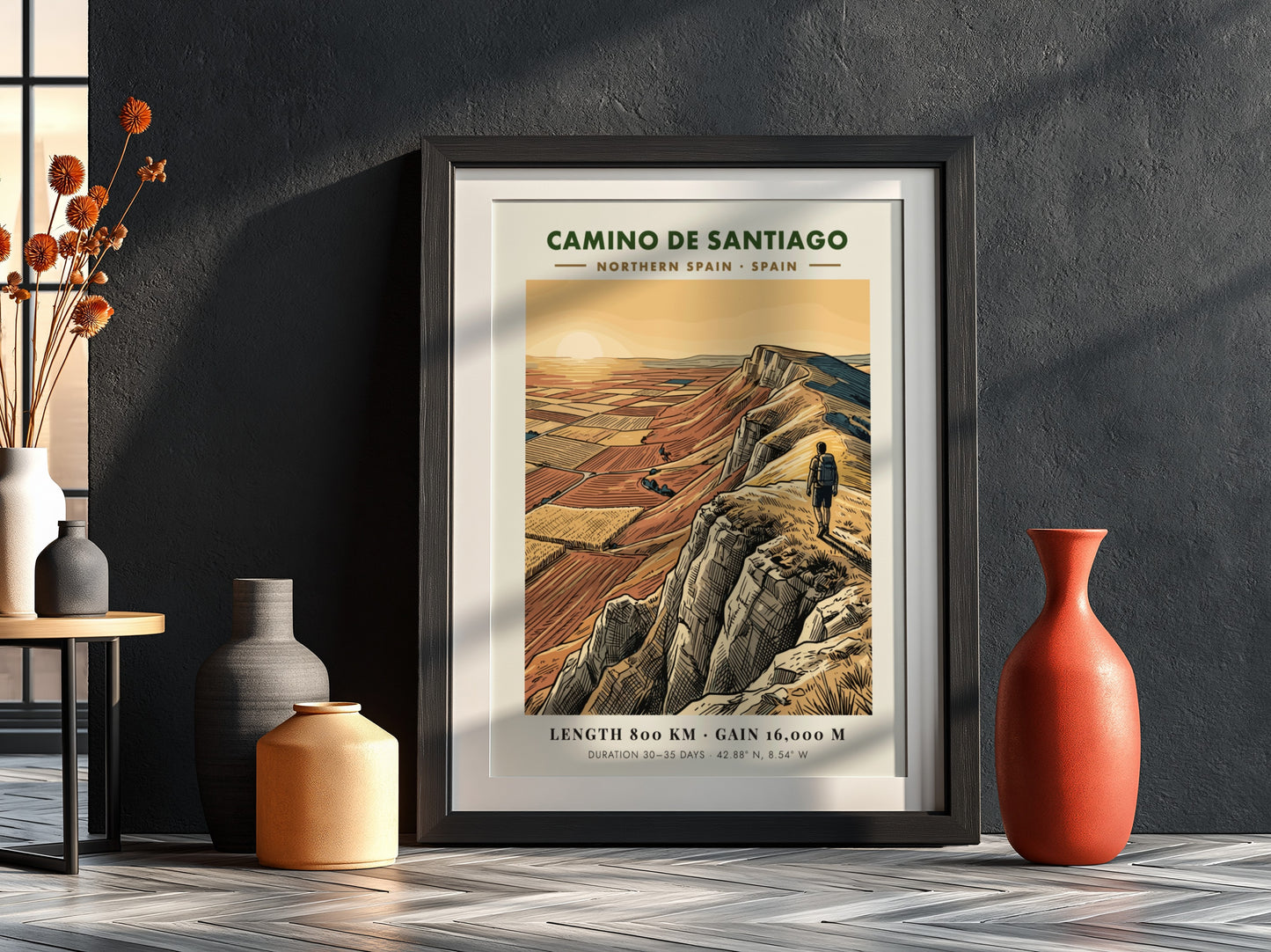 Poster of a hiker on a cliff overlooking the Camino de Santiago route
