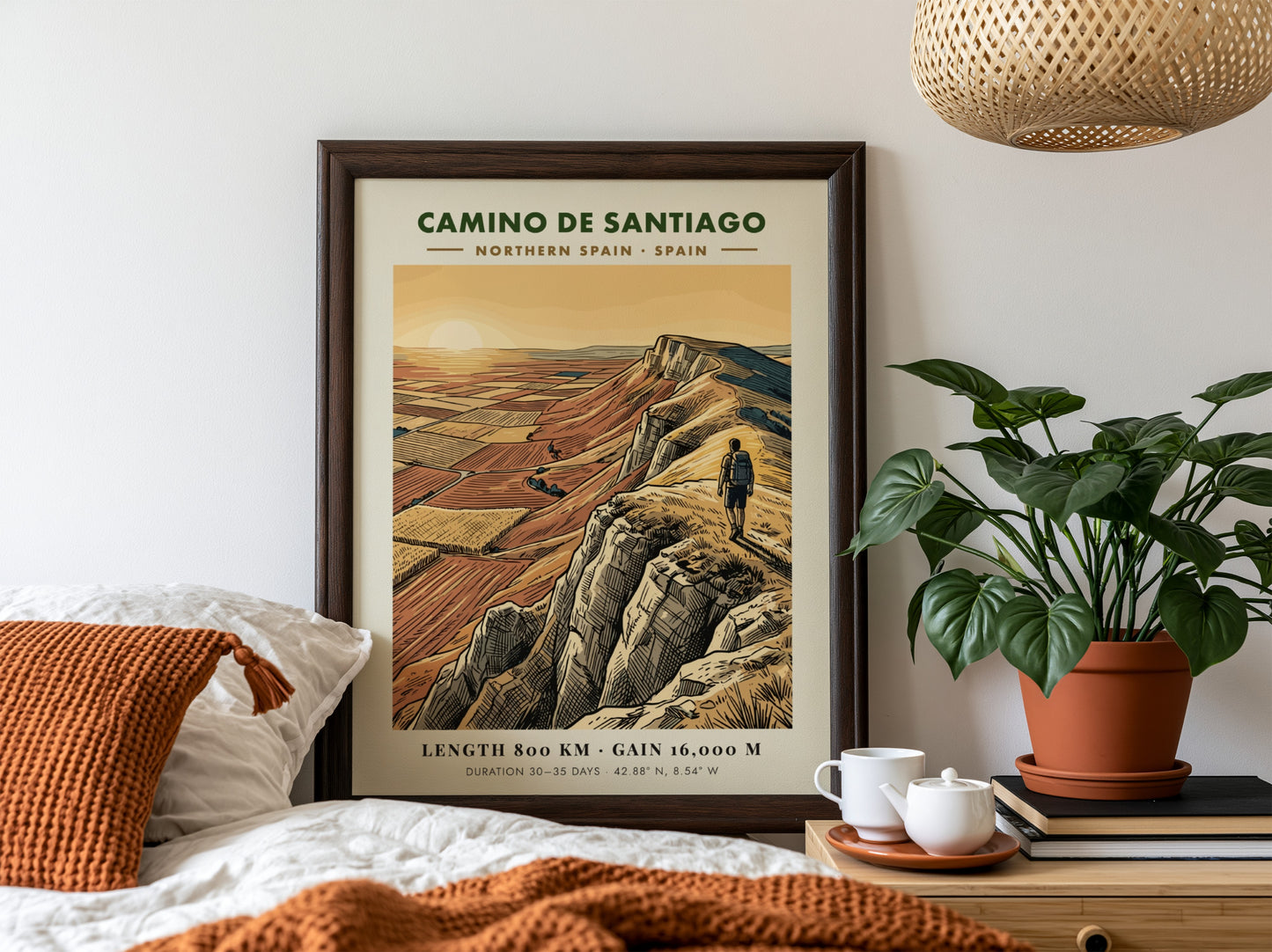 Poster of a hiker on a cliff overlooking the Camino de Santiago route