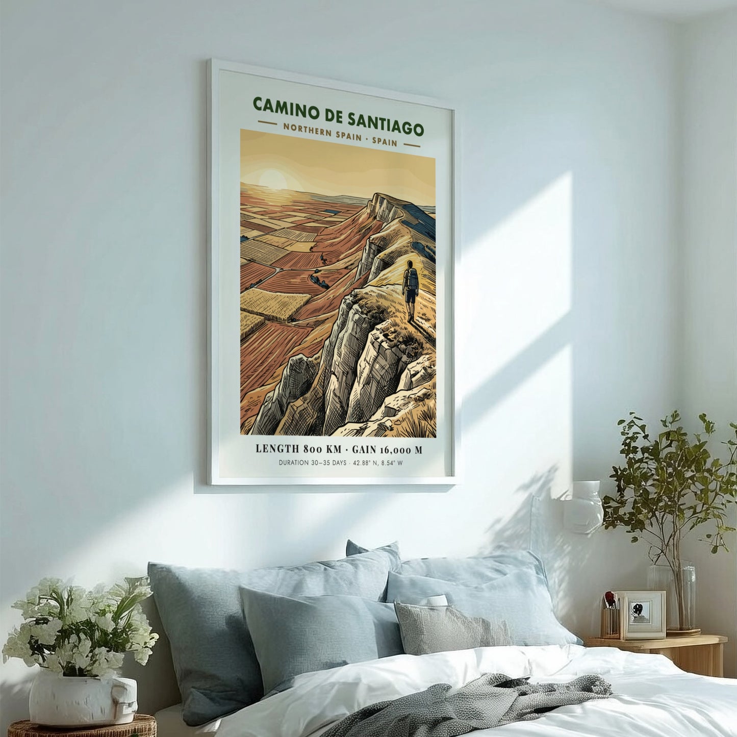 Poster of a hiker on a cliff overlooking the Camino de Santiago route