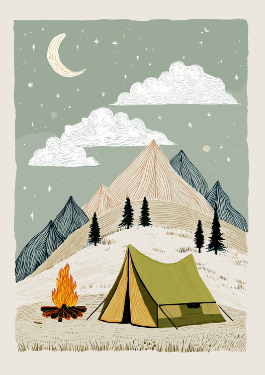 Illustration of a tent and campfire in a mountainous landscape under a starry sky.