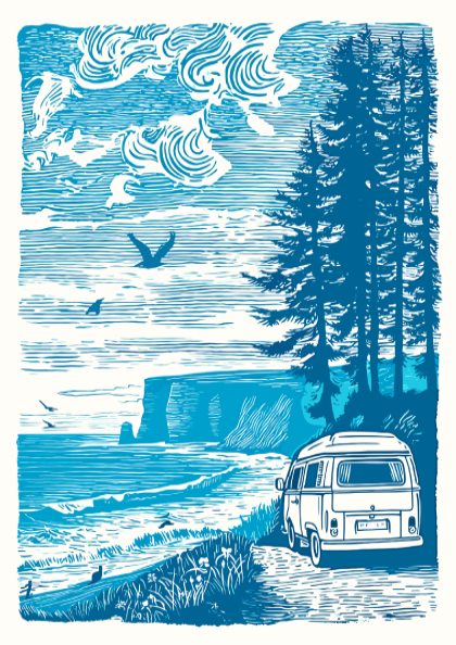 Illustration of a van by a forest with blue and white color scheme