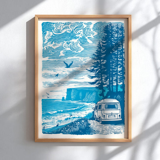 Framed artwork of a van on a road with trees and clouds in blue ink.