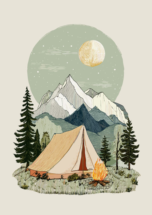 Illustration of a tent and campfire with mountains and trees in the background
