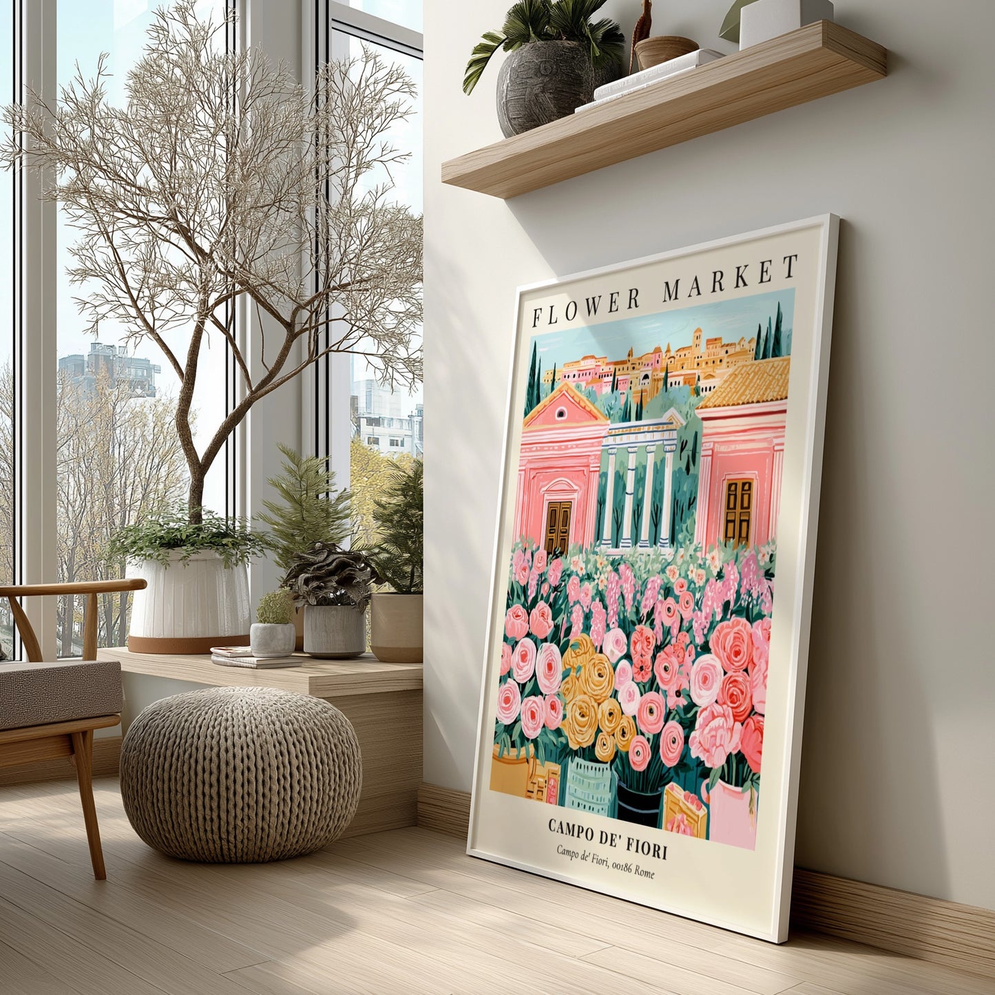 Floral art print featuring colorful flowers and Roman architecture in soft pastels