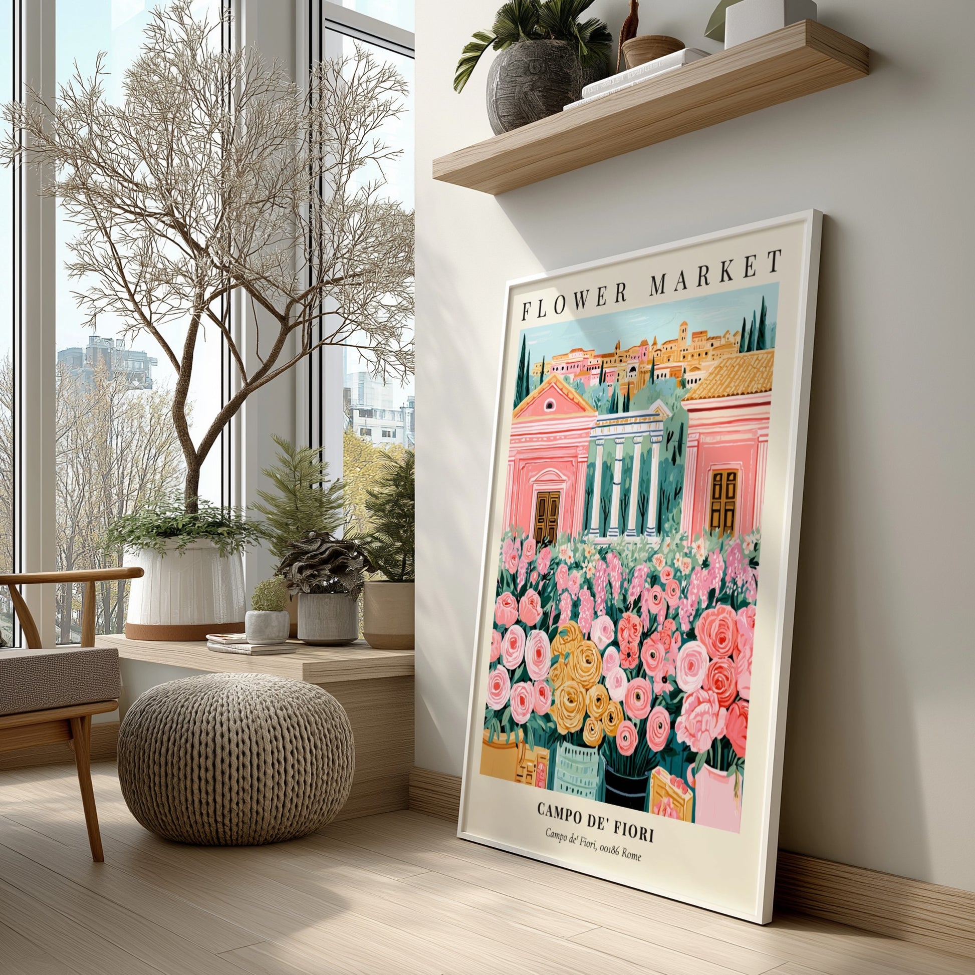 Floral art print featuring colorful flowers and Roman architecture in soft pastels
