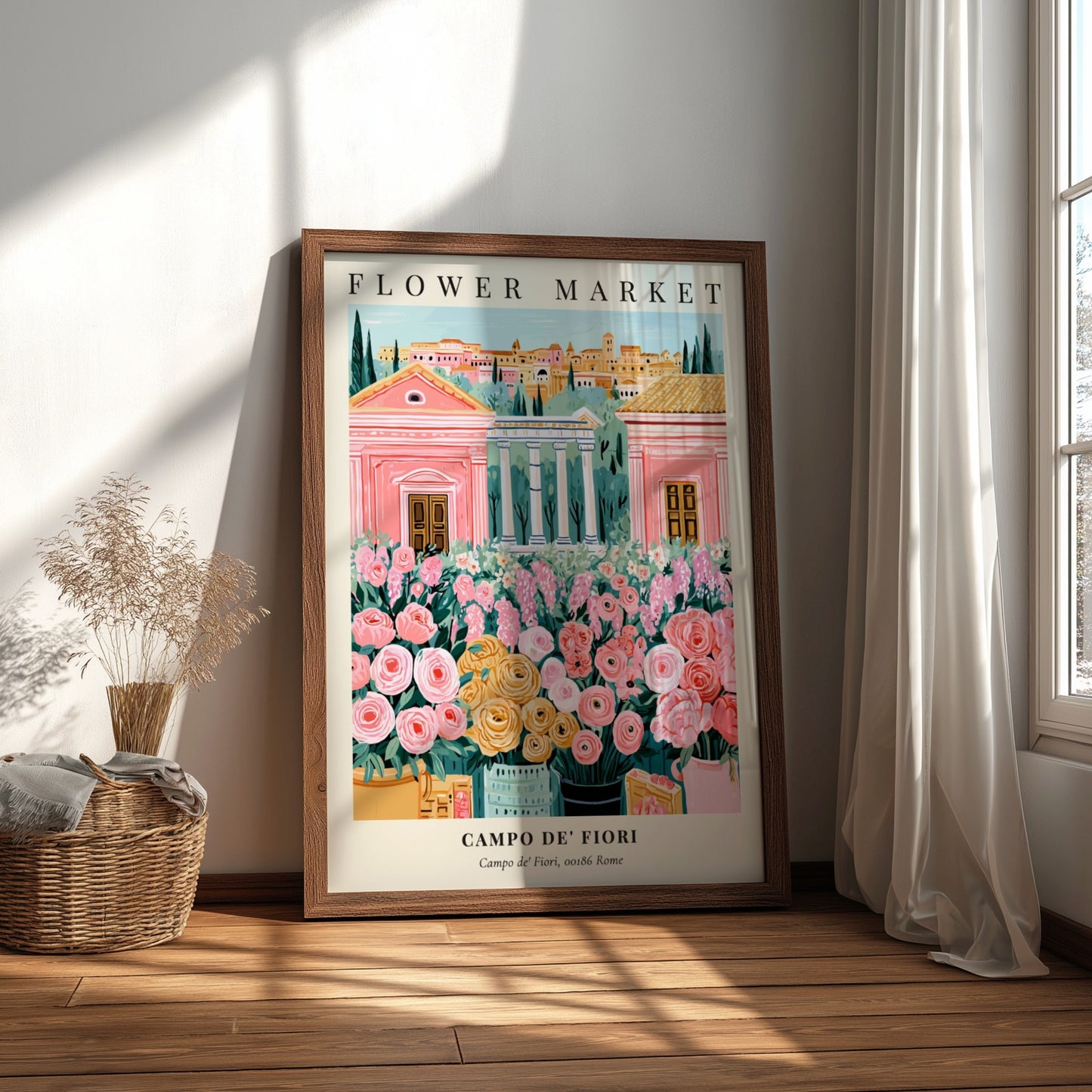 Floral art print featuring colorful flowers and Roman architecture in soft pastels