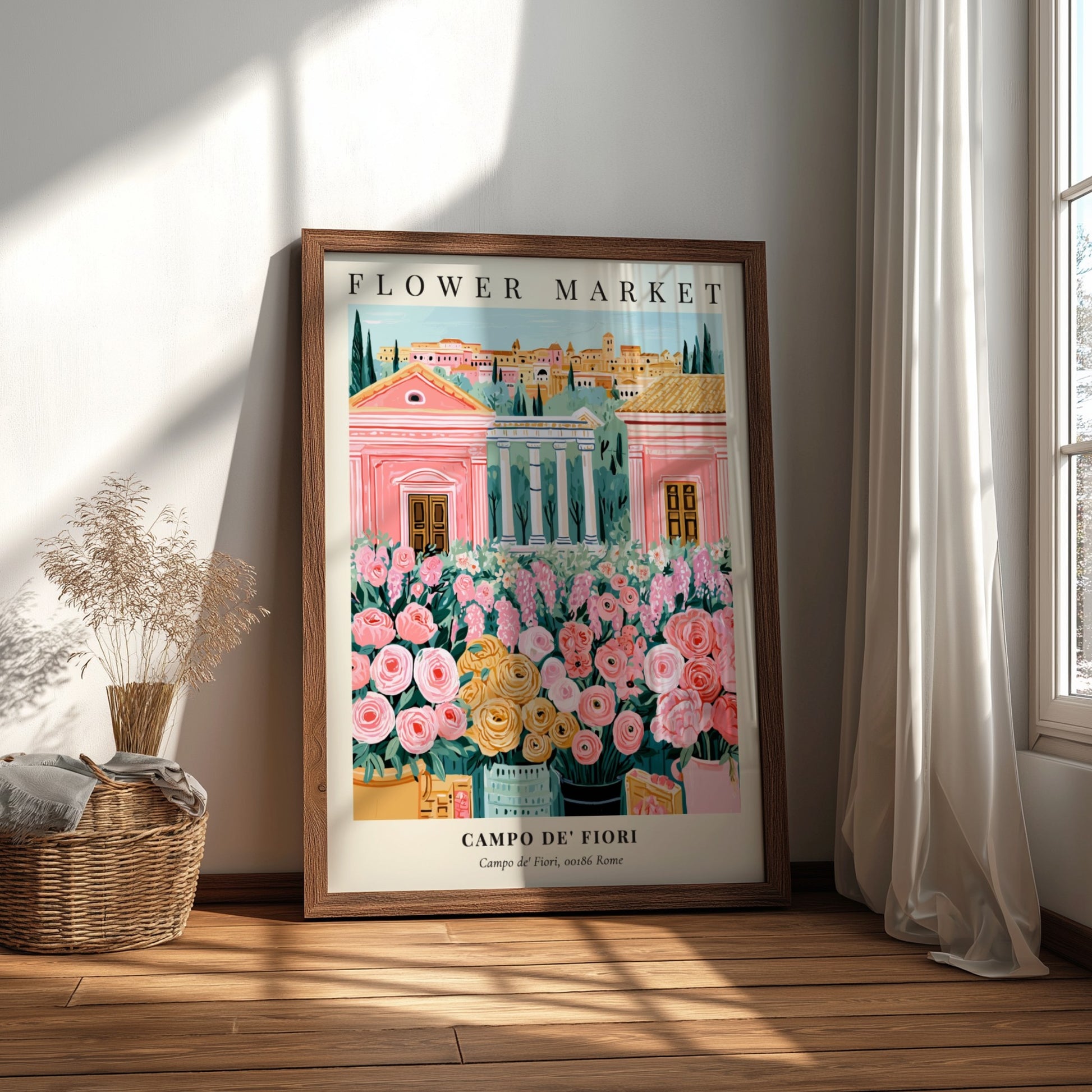 Floral art print featuring colorful flowers and Roman architecture in soft pastels