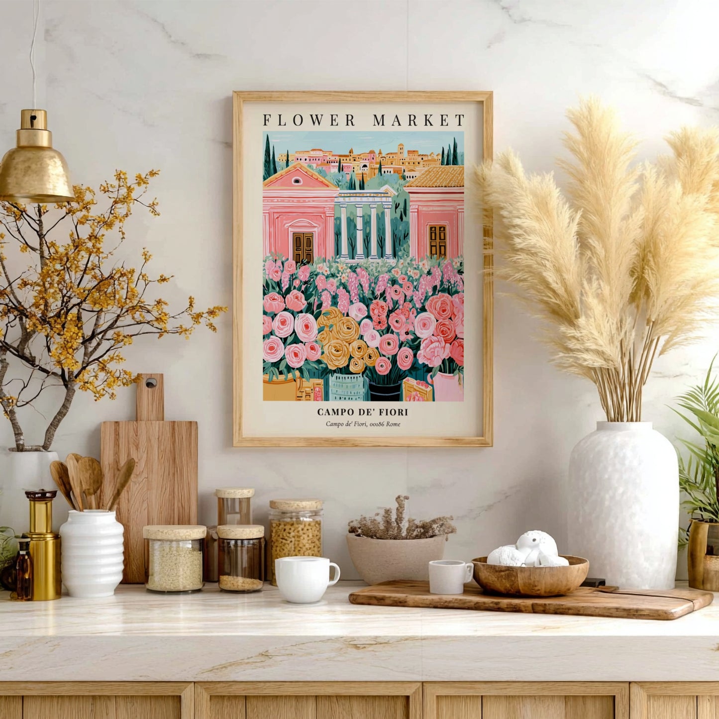 Floral art print featuring colorful flowers and Roman architecture in soft pastels