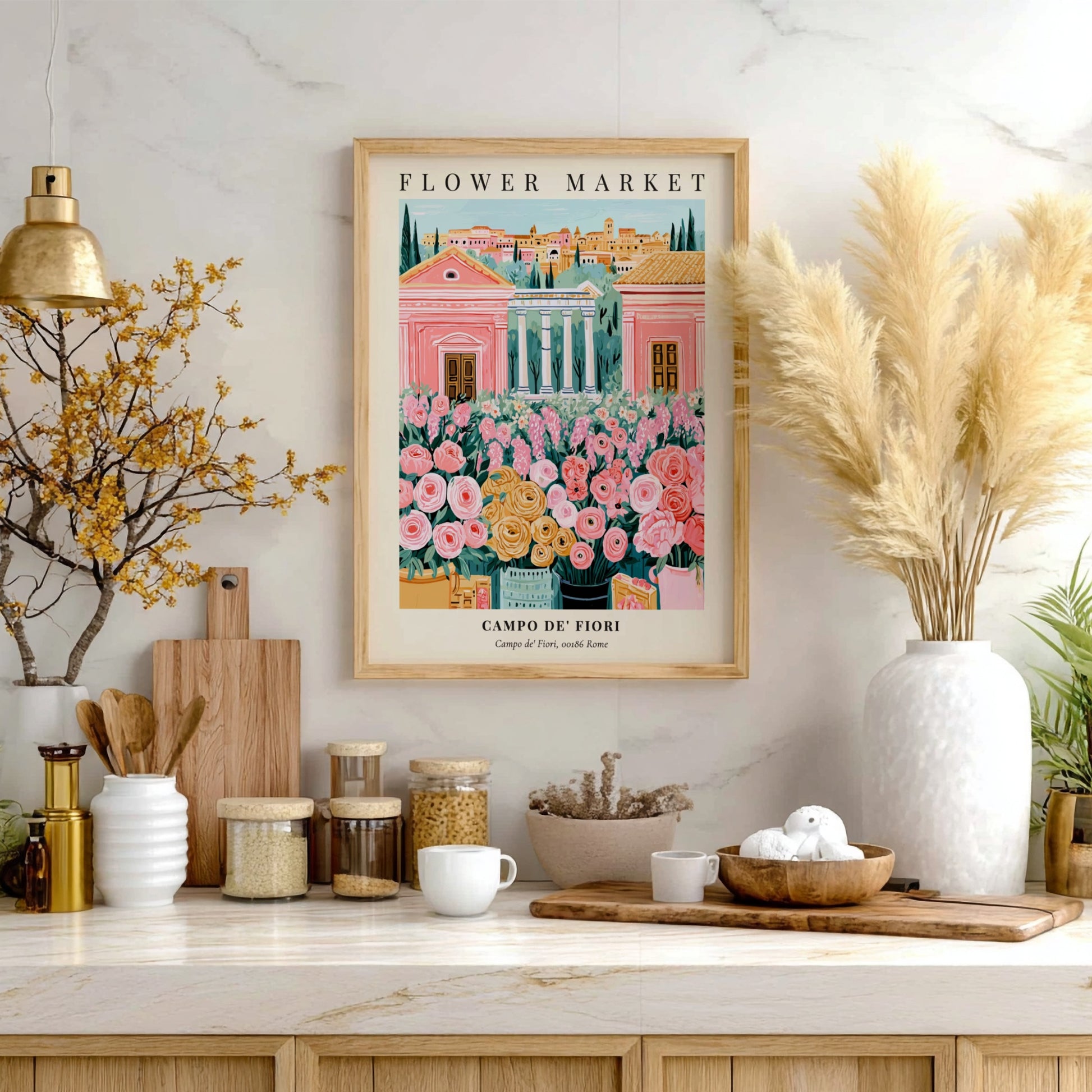 Floral art print featuring colorful flowers and Roman architecture in soft pastels