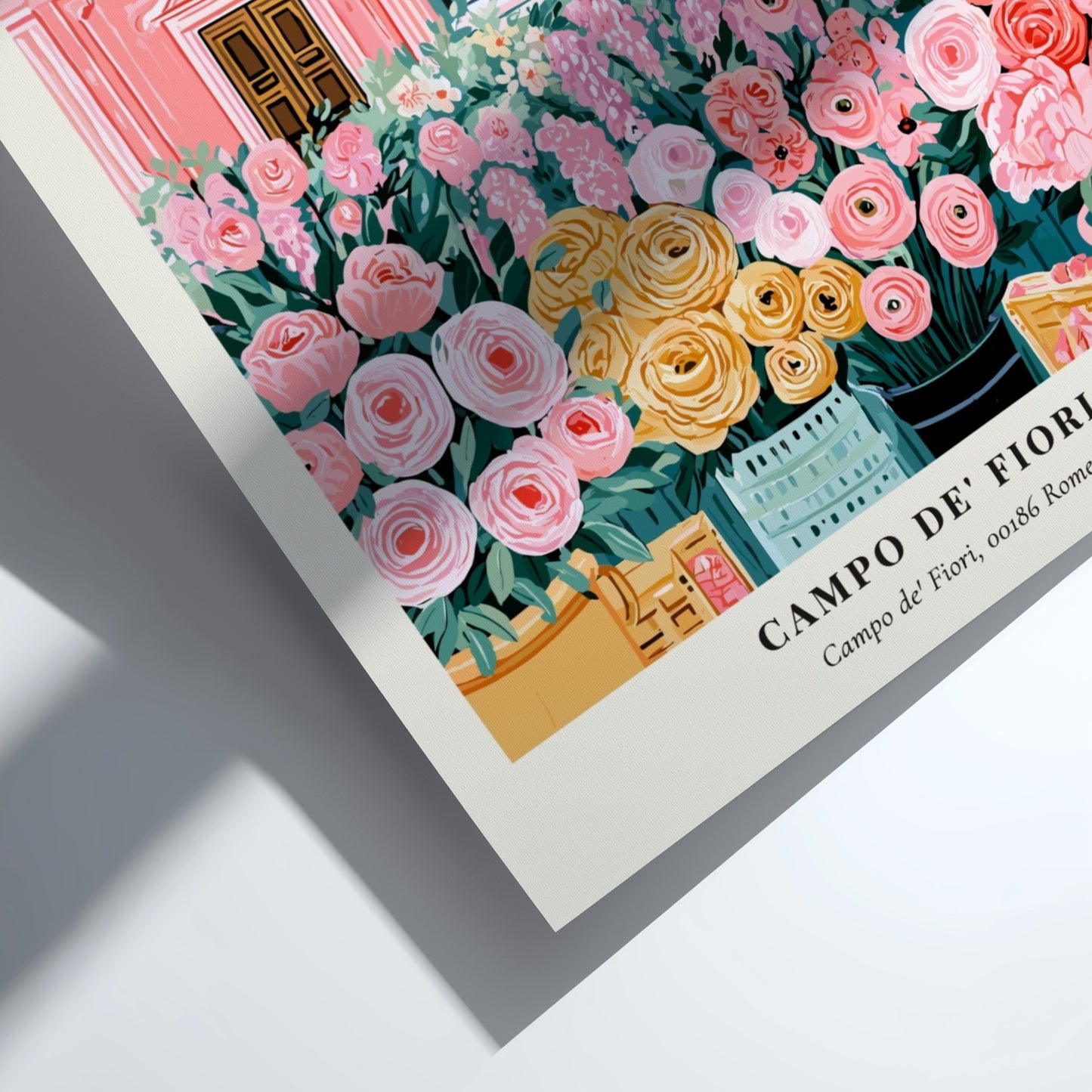 Floral art print featuring colorful flowers and Roman architecture in soft pastels