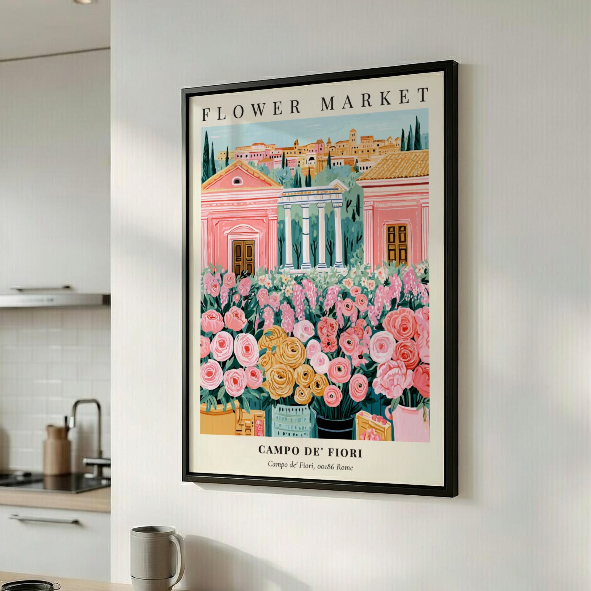 Floral art print featuring colorful flowers and Roman architecture in soft pastels