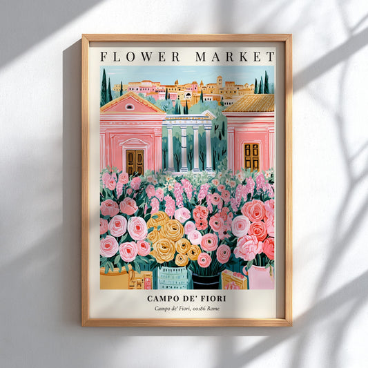 Floral art print featuring colorful flowers and Roman architecture in soft pastels