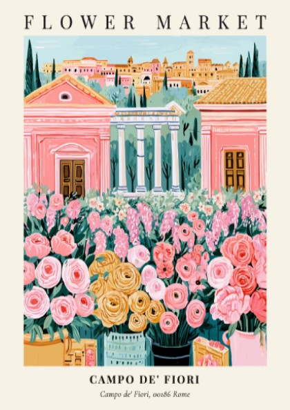 Floral art print featuring colorful flowers and Roman architecture in soft pastels