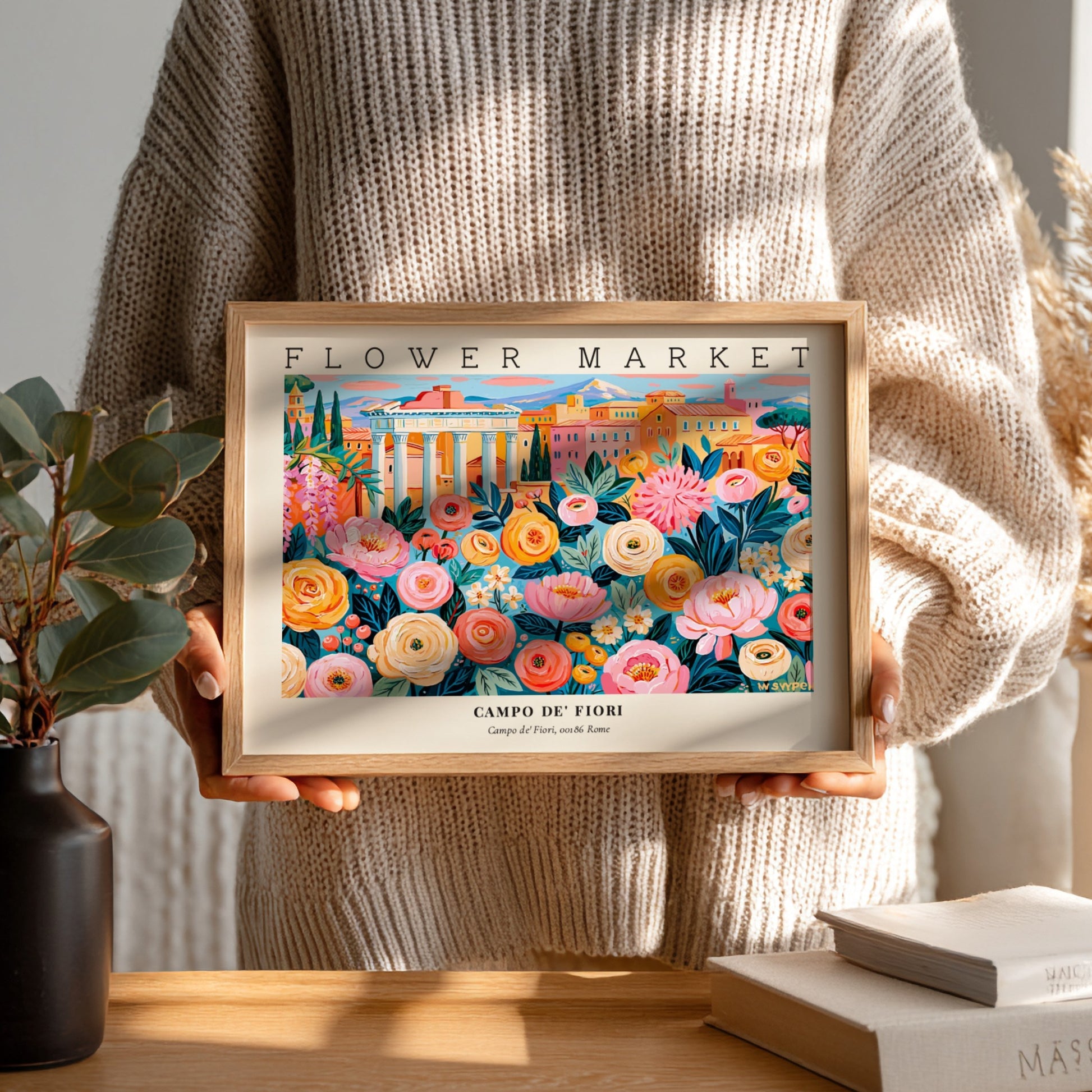 Flower market poster showcasing colorful blooms at Campo de' Fiori in Rome