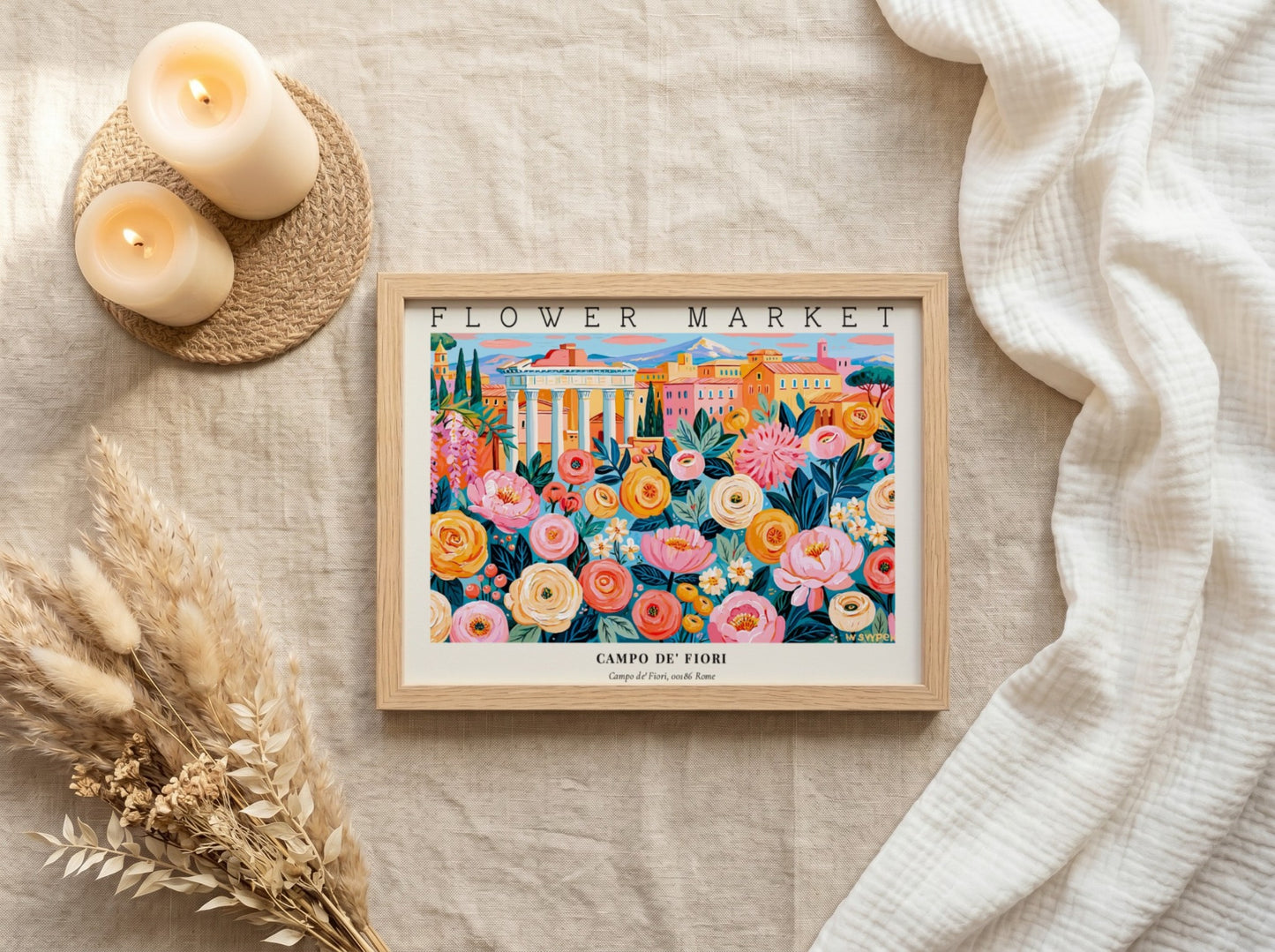 Flower market poster featuring vibrant flowers in a colorful scene
