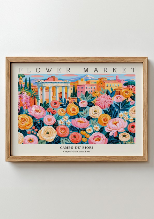 Flower market poster showcasing colorful blooms at Campo de' Fiori in Rome
