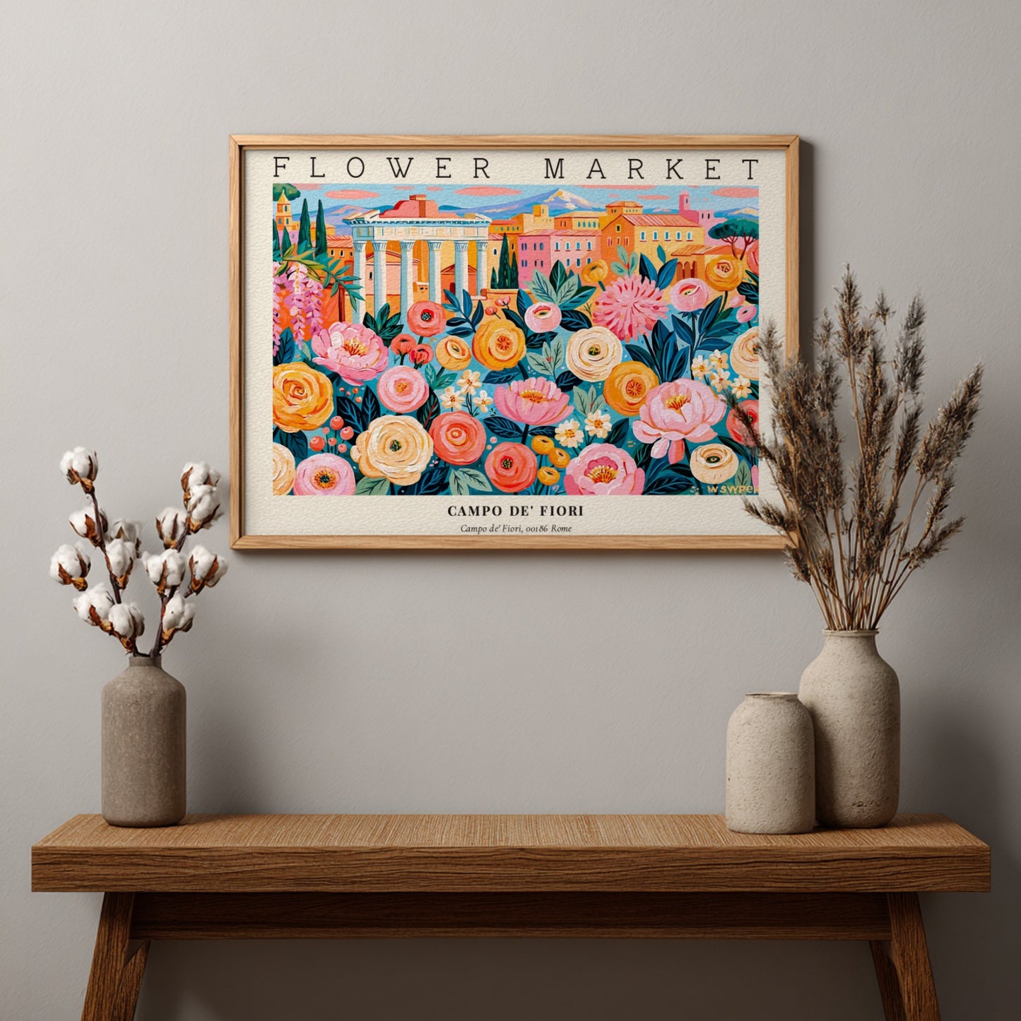 Flower market poster featuring vibrant flowers in a colorful scene