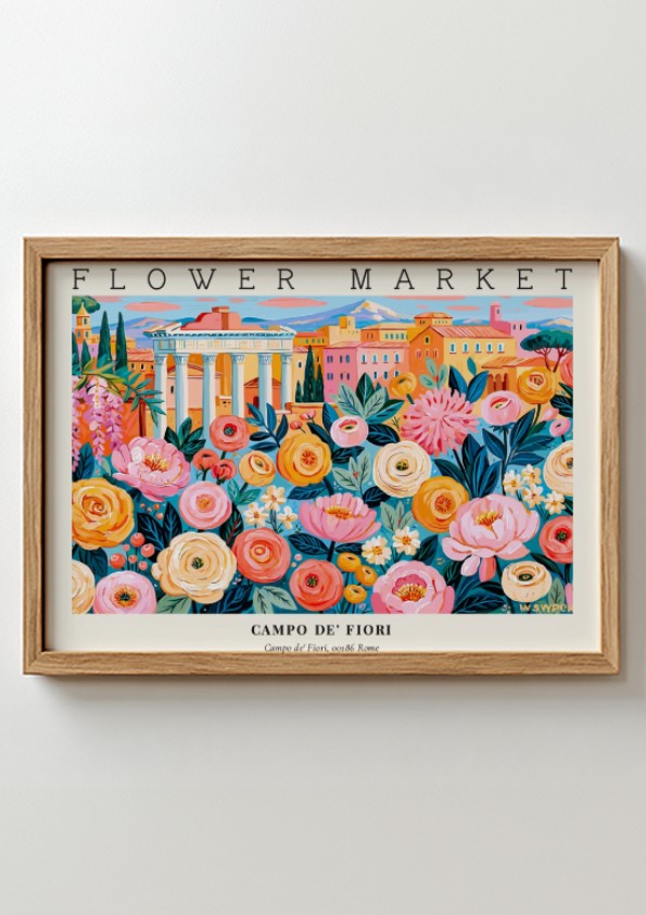 Flower market poster featuring vibrant flowers in a colorful scene