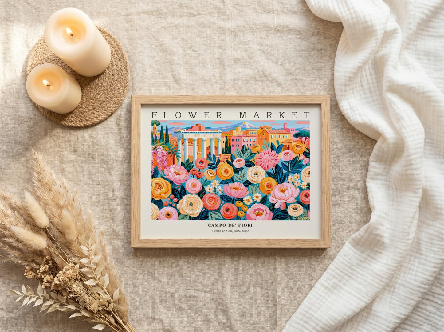 Flower market poster showcasing colorful blooms at Campo de' Fiori in Rome