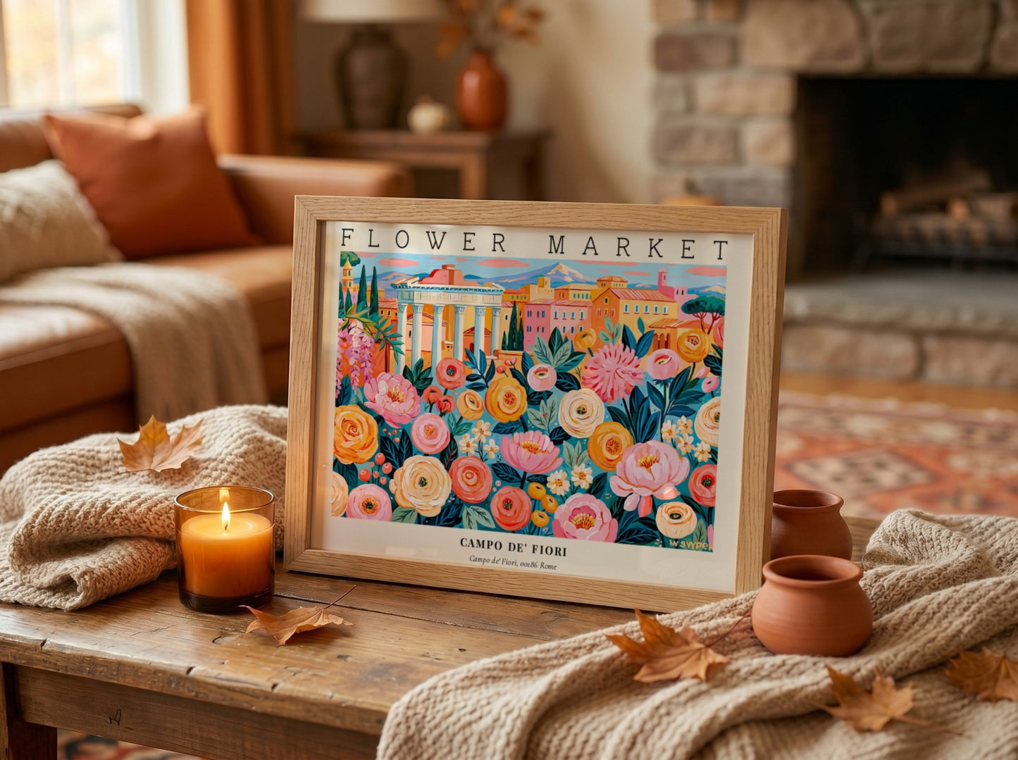 Flower market poster featuring vibrant flowers in a colorful scene